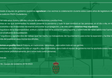 <strong>Comunicado del  equipo de Gobierno del Ayuntamiento de Galapagar que agradece el apoyo de vecinos y empleados municipales durante su legislatura</strong>